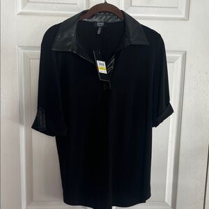 Jones New York Black Button Down Shirt with Faux Leather Details